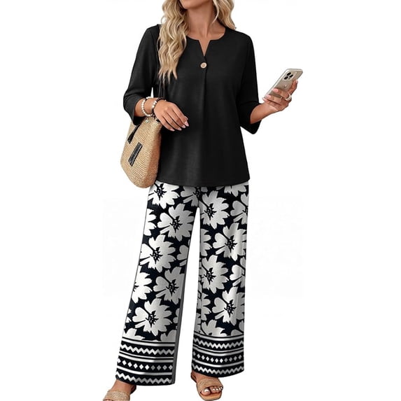 VDJ Womens 2 Piece Matching Set 3/4 Lengeh Sleeve Solid Top Printed Elastic Waist Wide Leg Pants Lounge Sets Outfits