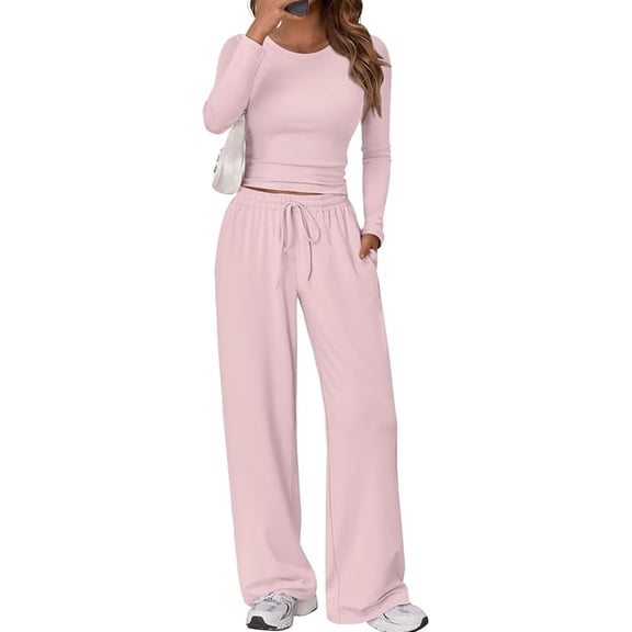 VDJ Womens 2 Piece Outfits Long Sleeve Ruching Top Wide Leg Pants Matching Lounge Set Drawstring Pockets Pink Casual Sweat Suit