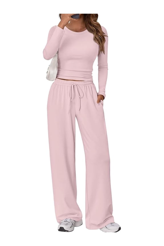 Womens 2 Piece Outfits Long Sleeve Ruching Top Wide Leg Pants Matching Lounge Set Drawstring Pockets Pink Casual Sweat Suit