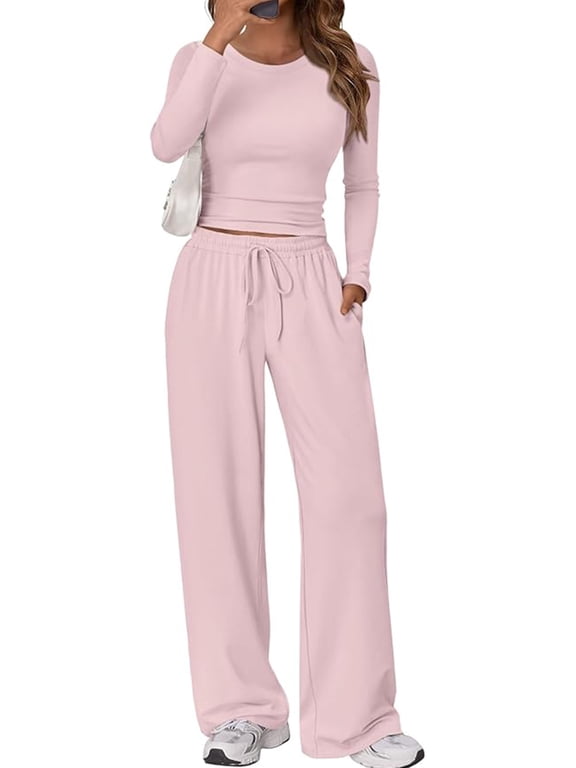 Womens 2 Piece Outfits Long Sleeve Ruching Top Wide Leg Pants Matching Lounge Set Drawstring Pockets Pink Casual Sweat Suit