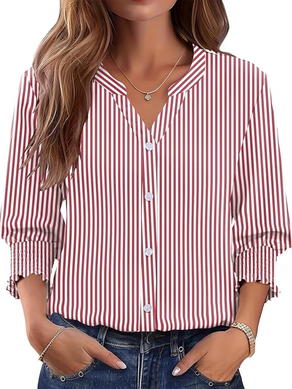 Womens 3/4 Sleeve Length Sleeve Business Casual Blouses Henley V Neck Red Striped Button Down Shirts Trendy Ladies Tops Size XL