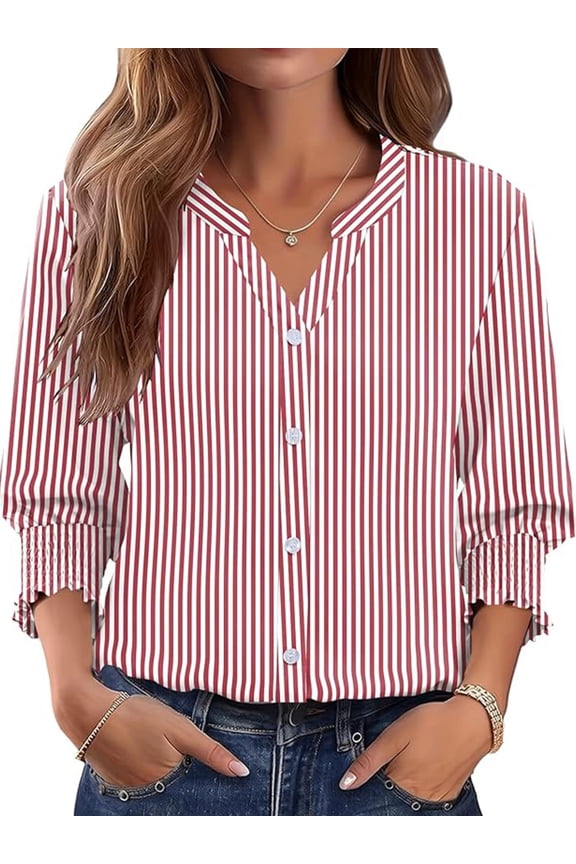 Womens 3/4 Sleeve Length Sleeve Business Casual Blouses Henley V Neck Red Striped Button Down Shirts Trendy Ladies Tops Size XX;