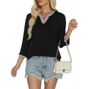 VDJ Womens 3/4 Sleeve Tops Striped Color Block Henley V Neck T Shirts Fashion Fall Tunic Elegant Black Tee Blouse Size XL