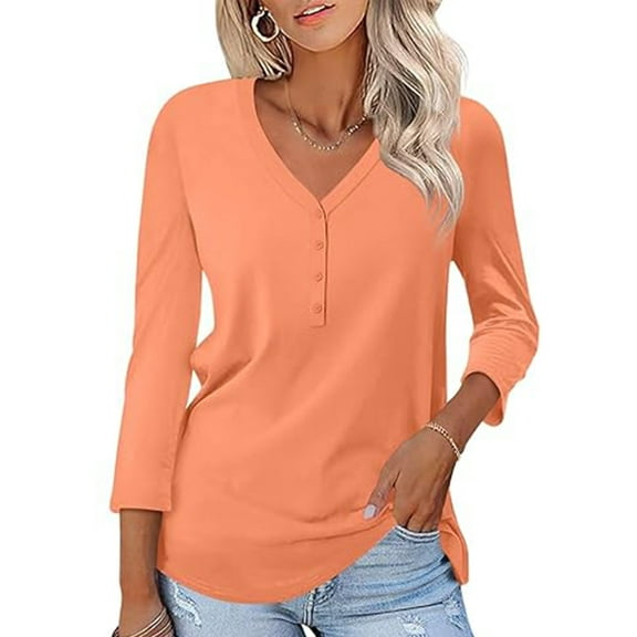 VDJ Womens 3/4 Sleeve Tops Summer V Neck Casual Coral Basic Tees Loose Fit Blouses Size M