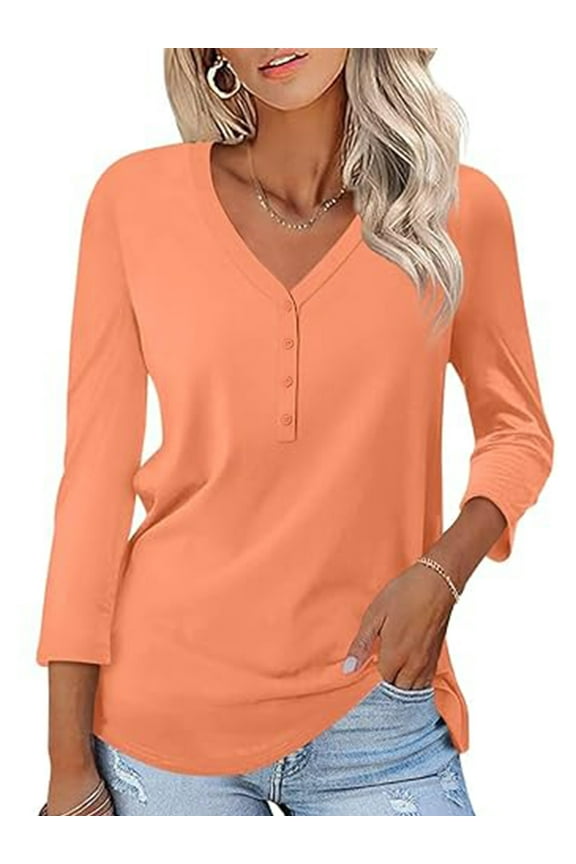 Womens 3/4 Sleeve Tops Summer V Neck Casual Coral Basic Tees Loose Fit Blouses Size XXL