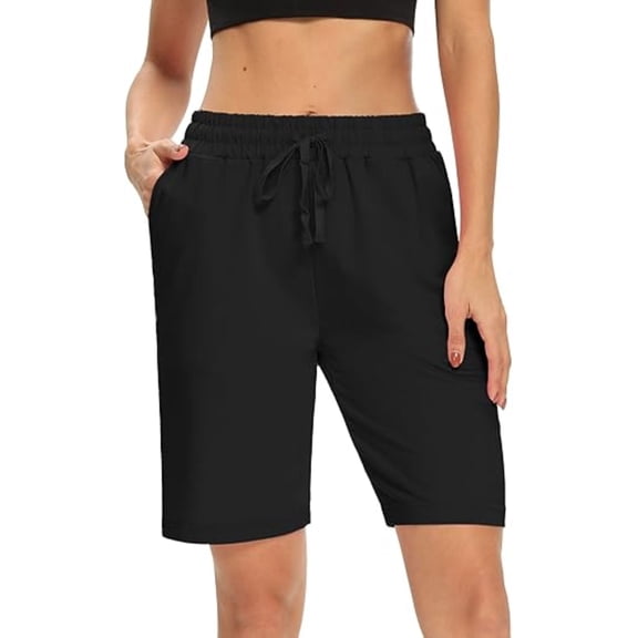 VDJ Womens Bermuda Shorts Elastic Wasit Drawstring Casual Loose Comfy Black Summer Shorts with Pockets Size L