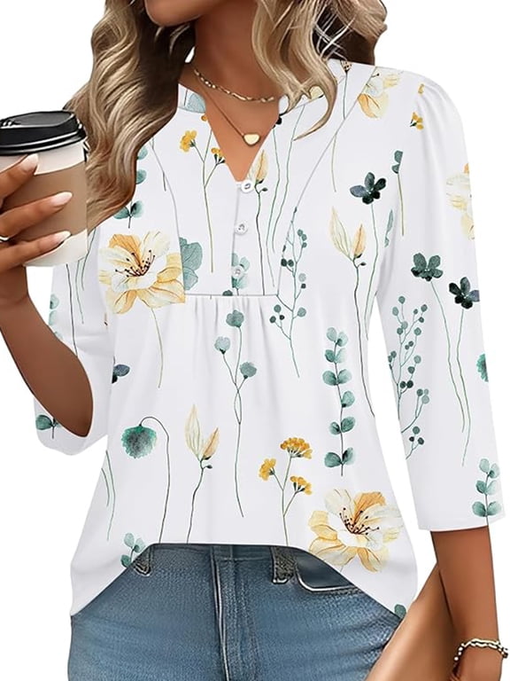 Womens Blouses Dressy Casual Tunic Tops Summer Fall 3/4 Sleeve Length V Neck Business Work Floral White Tops Size L
