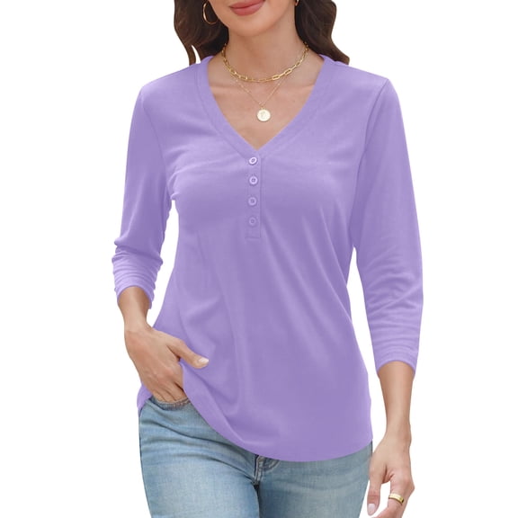 VDJ Womens Blouses Summer 3/4 Sleeve Basic T Shirts Button Up V Neck Comfort Soft Shirts Purple Tunic Tops Size XL