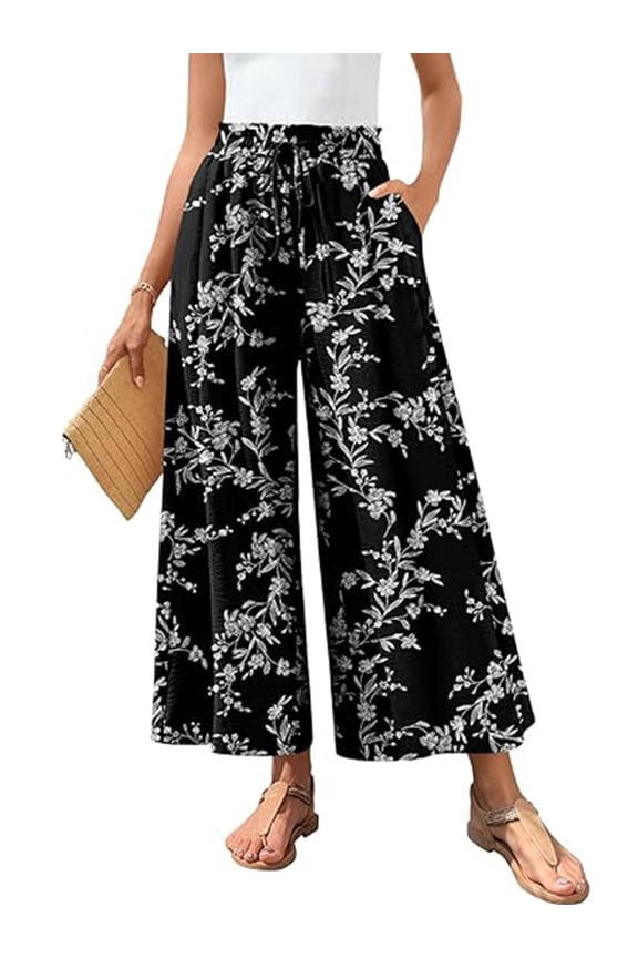 Womens Capri Pants Elastic Waisted Drawstring Wide Leg Dressy Pants Summer Beach Pockets Cropped Trousers Size L