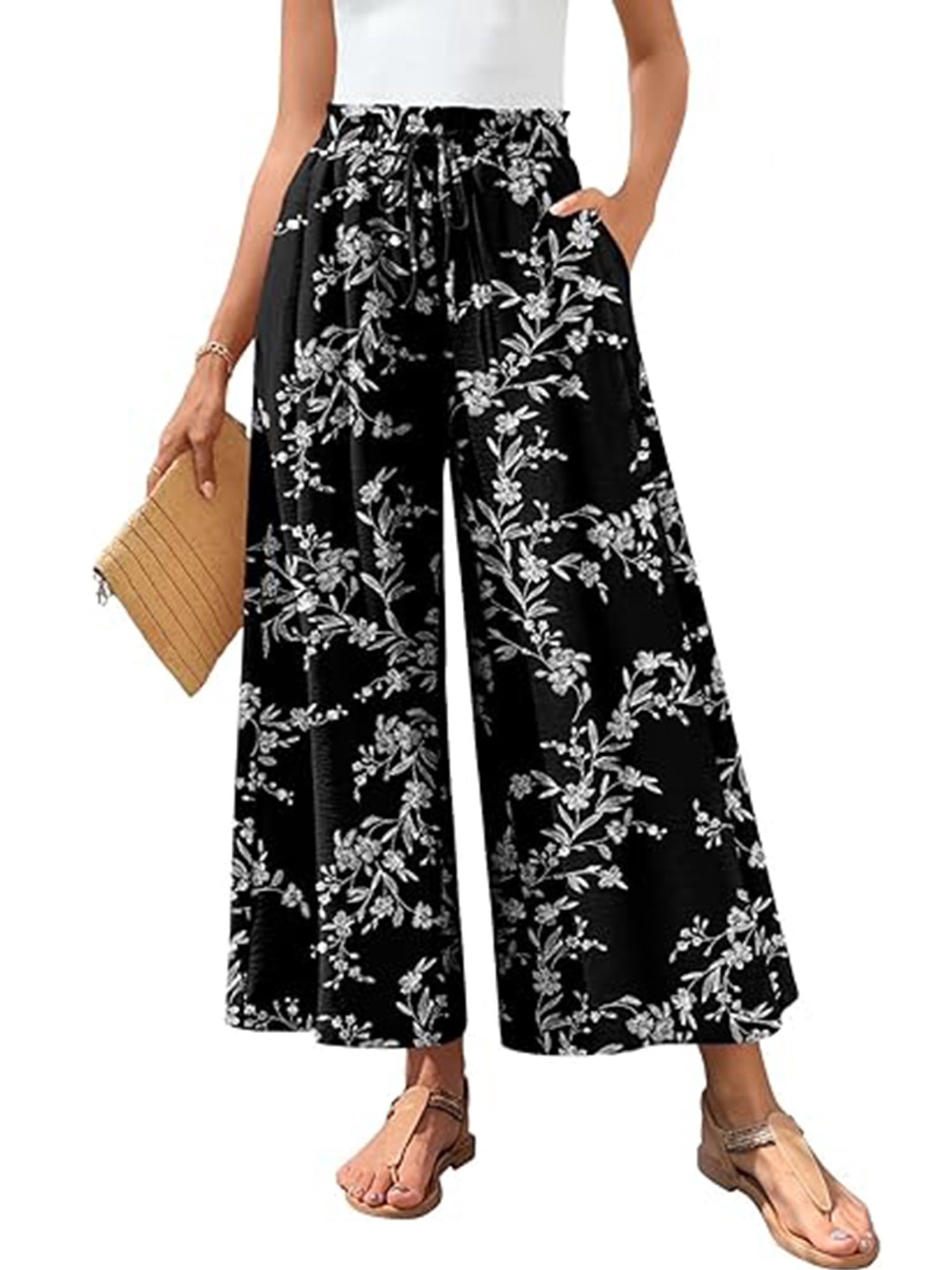 Womens Capri Pants Elastic Waisted Drawstring Wide Leg Dressy Pants Summer Beach Pockets Cropped Trousers Size XL