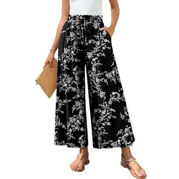 VDJ Womens Capri Pants Elastic Waisted Drawstring Wide Leg Dressy Pants Summer Beach Pockets Cropped Trousers Size XL
