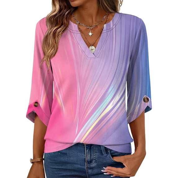 VDJ Womens Cute Tops 3/4 Sleeve Length V Neck Gradient Printed Blouses Dressy Casual Trendy Fall Tunic Size XXL