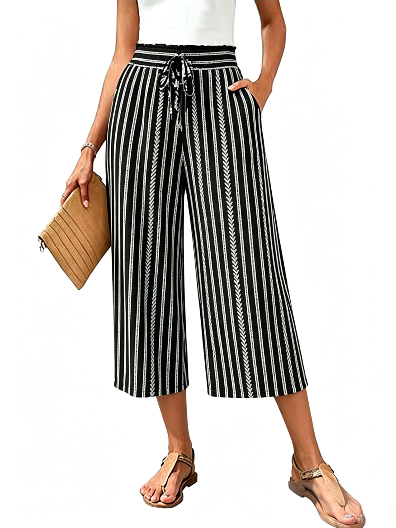 Womens Dress Pants Ruffle Elastic Waist Drawstring Flowy Capris Pants Striped Printed Business Work Straight Pants Size XL