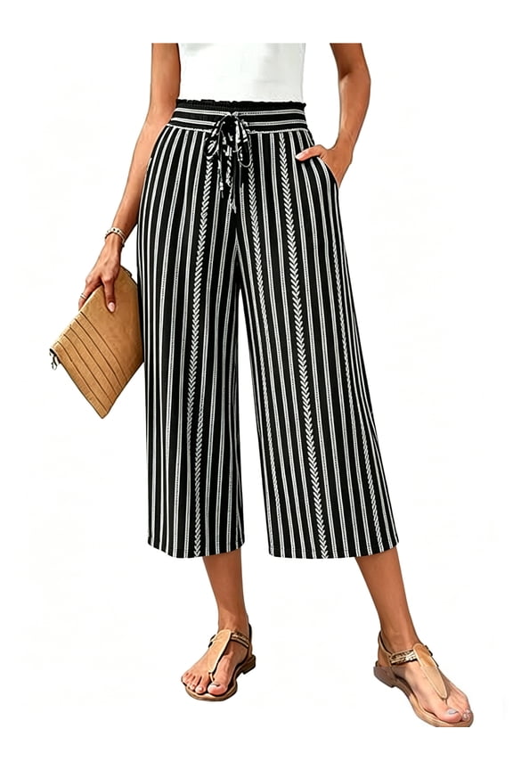Womens Dress Pants Ruffle Elastic Waist Drawstring Flowy Capris Pants Striped Printed Business Work Straight Pants Size XL