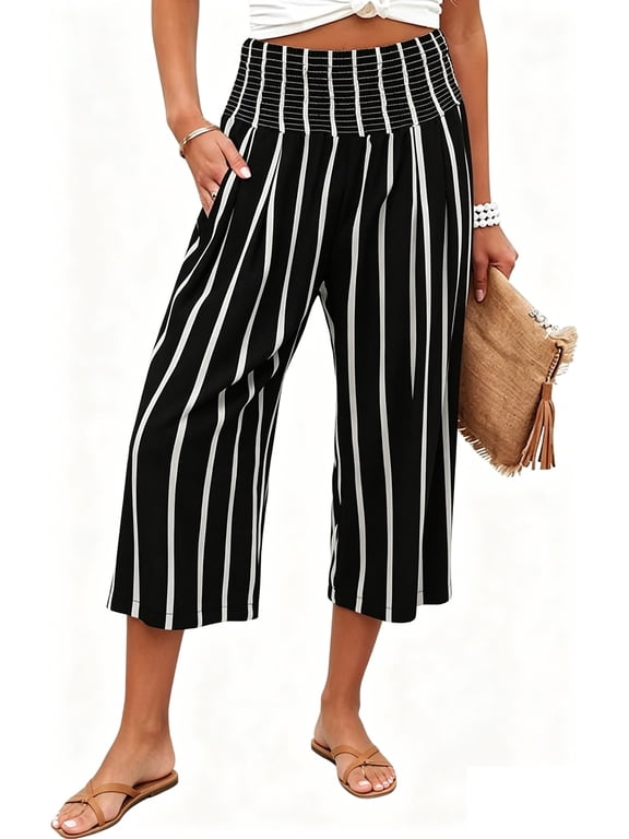 Womens Dress Pants Wide Waistband Flowy Capris Pants Striped Printed Business Work Wide Leg Flare Pants with Pockets Size L