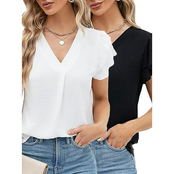 VDJ Womens Dressy Blouses Casual Petal Short Sleeve V Neck Summer Top Lightweight Tunic Shirts White+Black Pack of 2, Size S