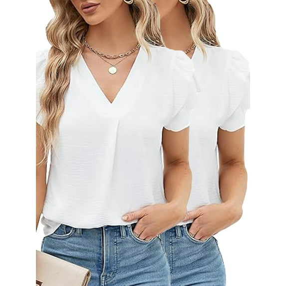 VDJ Womens Dressy Tops Casual Shirts Petal Short Sleeve V Neck Business Blouse Lightweight White Tunic Shirts ,2 Pack,Size XXL