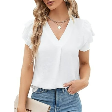 VDJ Womens Dressy Tops Casual Shirts Petal Short Sleeve V Neck Business Blouse White Tunic Tops Lightweight Clothes Size M
