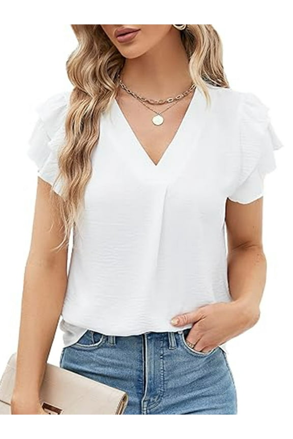 Womens Dressy Tops Casual Shirts Petal Short Sleeve V Neck Business Blouse White Tunic Tops Lightweight Clothes Size M