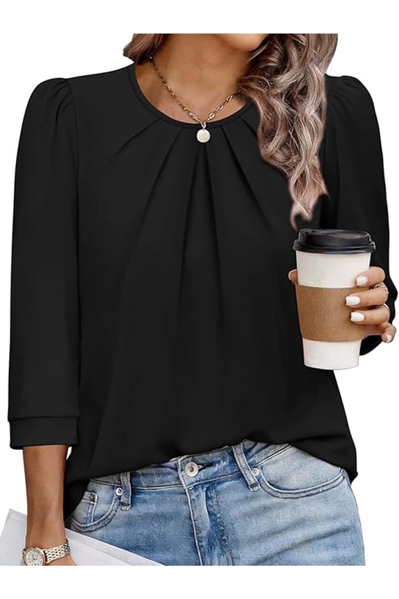 Womens Fall Shirts Business Work 3 4 Sleeve Fashion Blouses Solid Color Dressy Casual Crew Neck Black Business Tops Tunic Size XL