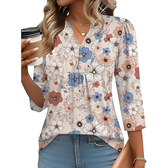 VDJ Womens Fall Tops 3/4 Sleeve Button Up V Neck Boho Summer T shirts Comfort Lightweight Henley Shirts Fashion Clothing Size S