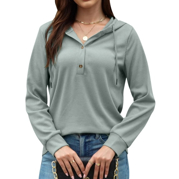 VDJ Womens Hoodies Long Sleeve Button V Neck Hooded Pullover Solid Waffle Knit Drawstring Solid Green Sweatshirts Size S