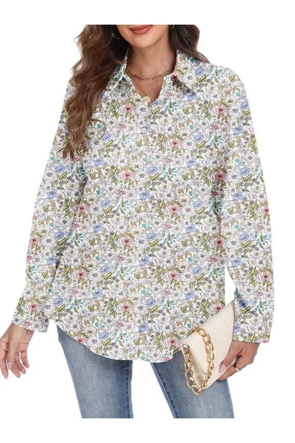 Womens Long Sleeve Button Down Shirts Floral Printed Fashion Tops Fall Winter Holiday Blouses Outfits Size L