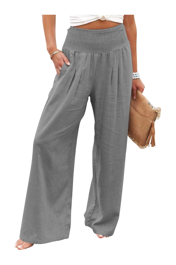 Womens Pants Elastic High Waisted Palazzo Casual Wide Leg Pockets Lounge Pant Light Gray Vacation Outfit Size M