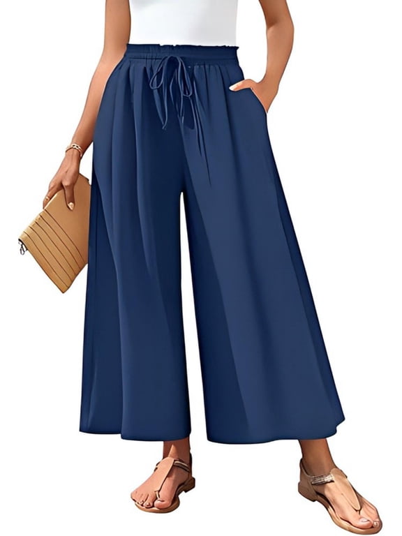 Womens Pants Summer Elastic Waisted Wide Leg Capri Pants Navy Blue Flowy Dress Pants for Ladies Size XL