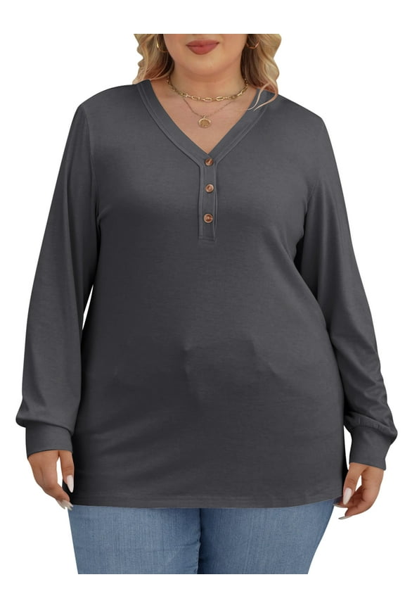 Womens Plus Size Tops Fall Classic V-Neck Button up Shirts Long Sleeve Loose Casual Soft Tunic Clothes Sizes 4XL