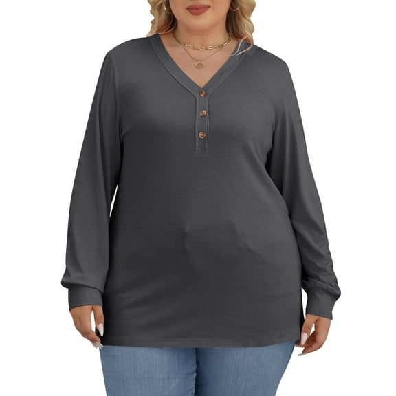 Womens Plus Size Tops Fall Classic V-Neck Button up Shirts Long Sleeve Loose Casual Soft Tunic Clothes Sizes XL