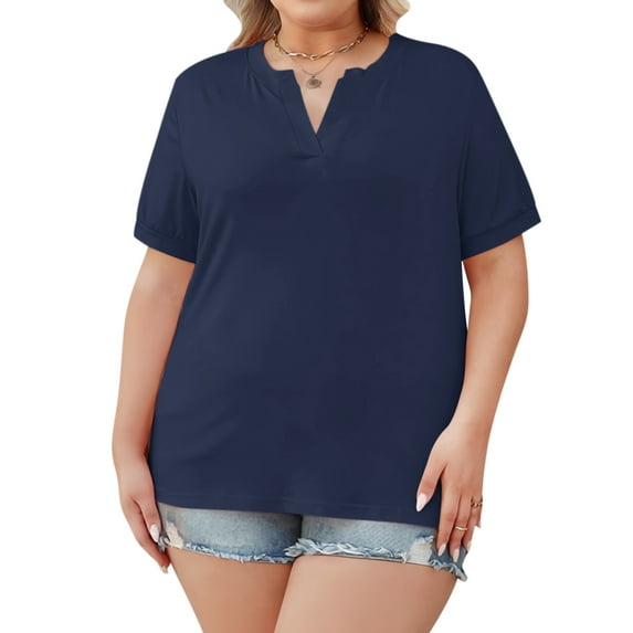 VDJ Womens Plus Size Tops Short Sleeve Henley V Neck T Shirts Blouses Loose Navy Blue Summer Tops Size 3XL