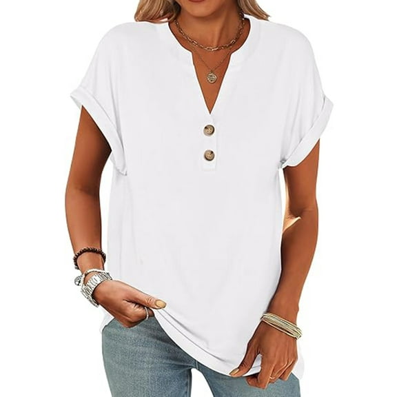 VDJ Womens Short Sleeve Tops Solid Color Henley V Neck T Shirts Fashion Summer Tunic Elegant White Tee Blouse Size XXL