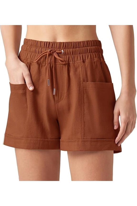 Womens Shorts Summer Casual Elastic Waist Drawstring Wide Leg Short Pants Caramel Solid Fashion Short Pants Size XL