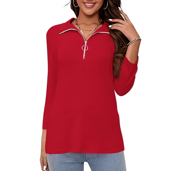VDJ Womens Summer T Shirts Fashion Casual 3/4 Sleeve Tunic Half Zip Collar Holiady Loose Red Cute Tops for Laidies Size XL