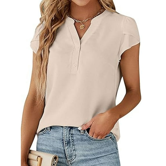 VDJ Womens Summer Tops Button V Neck Cap Sleeve Summer Casual Fit Dressy Blouses Beige Tee shirts for Women Elegant Size S