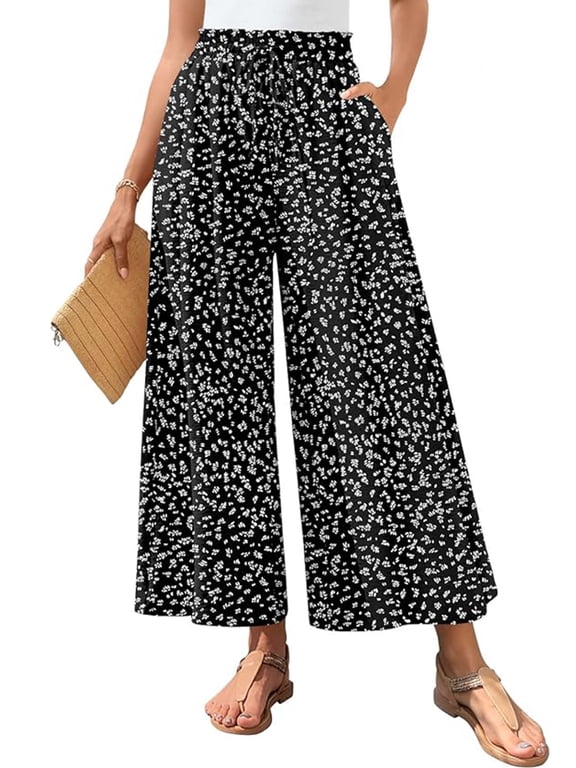 Womens Wide Leg Capris Pants High Elastic Waist Loose Long Flowy Palazzo Work Pants Cropped Trouses with Pockets Size XL