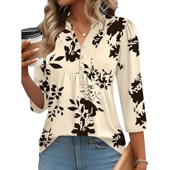 VDJ Womens Tops 3/4 Length Sleeve Button V Neck Casual Shirts Floral Loose Fit Work Blouses for Ladies Summer Fall Clothes Size XL