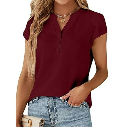 VDJ Womens Tops Casual Fit Dressy Blouse Petal Short Sleeve Button Up V Neck Lightweight Fashion Tee Elegant Wine Red Shirts Size L