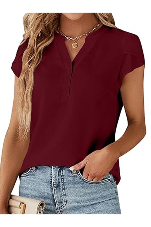 Womens Tops Casual Fit Dressy Blouse Petal Short Sleeve Button Up V Neck Lightweight Fashion Tee Elegant Wine Red Shirts Size S