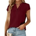 thumbnail image 1 of VDJ Womens Tops Casual Fit Dressy Blouse Petal Short Sleeve Button Up V Neck Lightweight Fashion Tee Elegant Wine Red Shirts Size XXL, 1 of 8