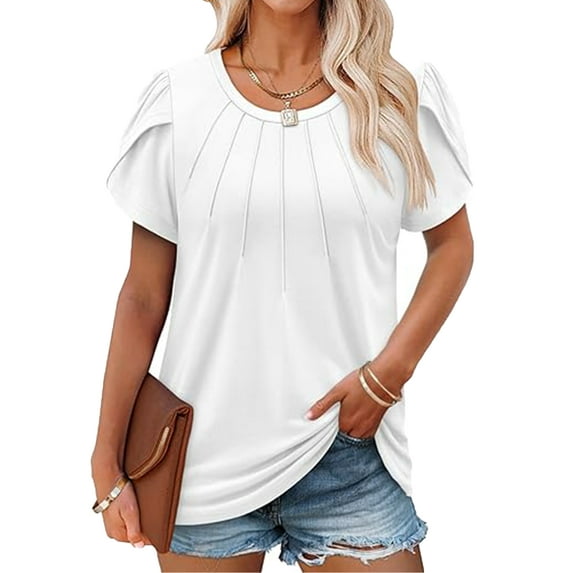 VDJ Womens Tops Dressy Blouses Casual Tshirts Summer Short Sleeve White Shirts Business Crew Neck Tunic Size M