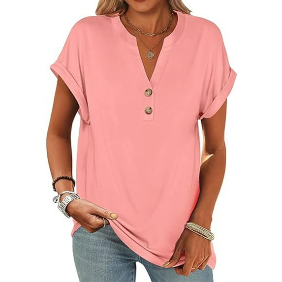 VDJ Womens Tops Fashion Short Sleeve Summer Button V Neck Shirts Loose Cute Coral Tunic Blouses for Ladies Size XL