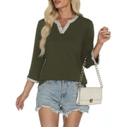 VDJ Womens Tops Henley V Neck 3/4 Sleeve T Shirts Casual Dressy Fall Blouses Color Block Army Green Business Tee Clothes Size XL