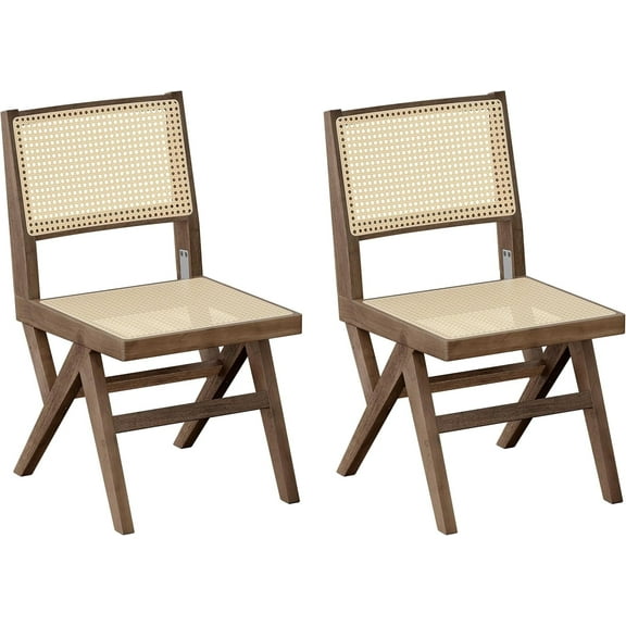 ANHDAH Set of 2 Armless Rattan Dining Chairs - Mid Century Modern Woven Side Chairs with Wood Legs for Indoor Outdoor Use in Dining Room or Bedroom