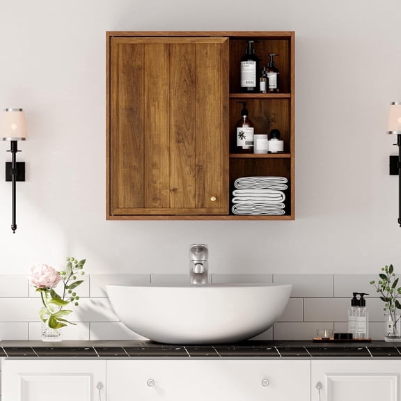 ANHDAH Bathroom Wall Storage Cabinet with Door and Adjustable Shelf, Over the Toilet Storage Cabinet for Kitchen, Laundry, Brown