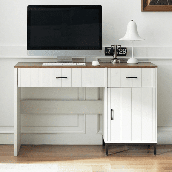 ANHDAH Farmhouse 47" Executive Desk, Home Office Desk with File Drawer and Power Outlet, Computer Desk with 2 Drawers and 1 Storage Cabinet, Workstation for Office Home