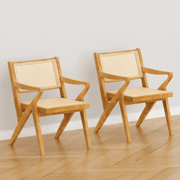 ANHDAH Rattan Chairs Set of 2, Mid Century Modern Dining Chairs with Wooden Frame & Woven Backrest for Kitchen, Living Room, Bedroom