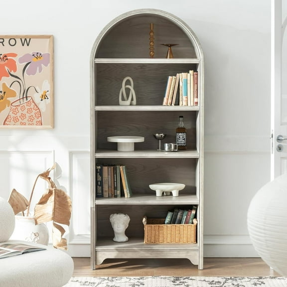 ANHDAH 5-Tier Bookcase - 71" Vintage Shelf, Solid Wood w/Natural Veneer & Water-Based Paint, Arched Design for Living Room, Home Office
