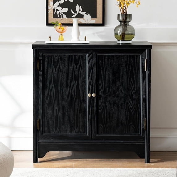 ANHDAH Vintage Solid Wood Buffet Cabinet - Natural Veneer, Water-Based Paint, 2 Doors & Shelves for Dining Room, Entryway Storage